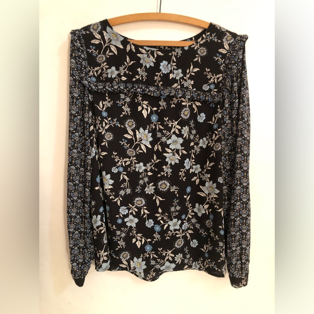 Ann Taylor Loft Blouse Black Floral Long Sleeve Size M Boho